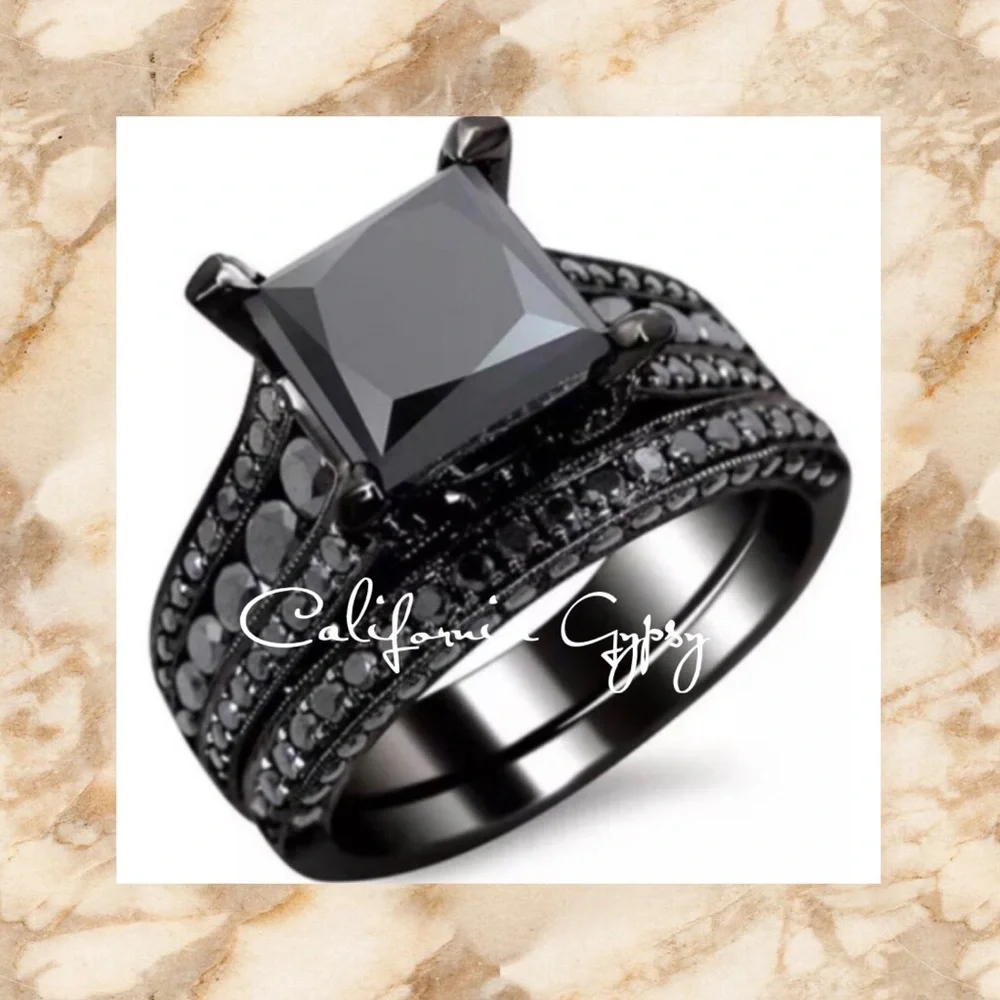 925 Sterling Silver Princess Cut Black Sapphire Ring Set - Picture 4 of 9